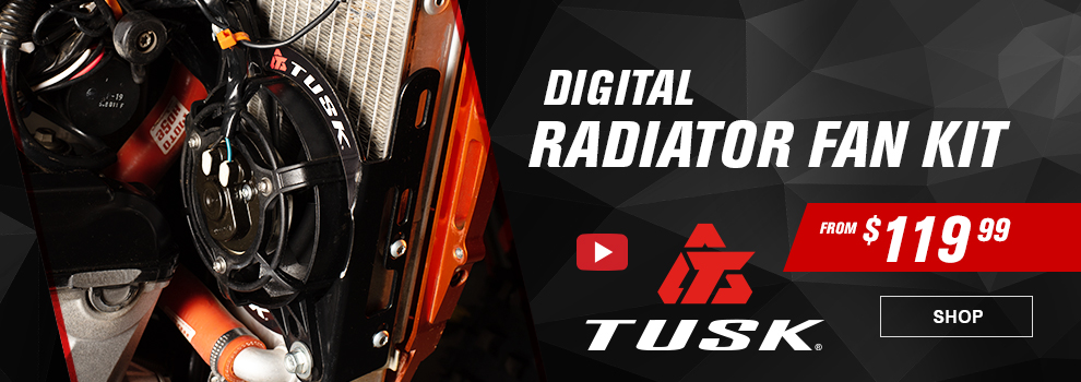 Tusk Digital Radiator Fan Kit, from $119 and 99 cents, the fan kit installed on a dirt bike, video, link, shop